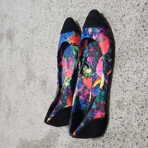 Brian Atwood Avignon Rainbow Floral Black Contrast Pointed Toe Flats Size 7